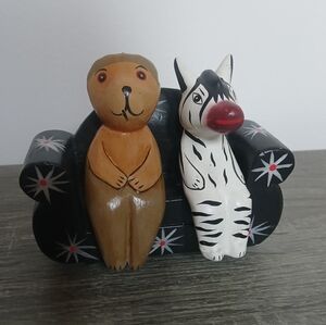 Folk Art Animal Figurines on Sofa Wooden Handpainted Shelf Sitters
